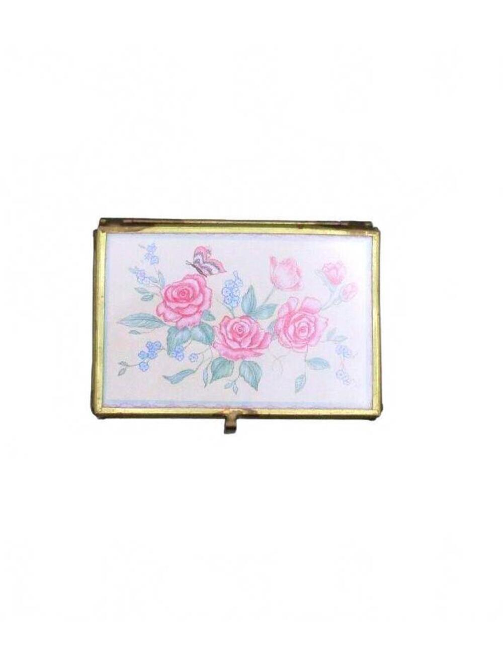 Vintage 1980s Russ Berrie Brass and Glass Trinket Box Pink Rose Ceramic Tile Top